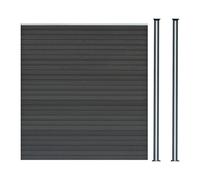 Kit Clôture 1 Panneau Composite Plastique Gris 9 Lames à Emboîter 185 cm H x 180 cm L & 2 Poteaux en Aluminium à LED Solaires Texture de Bois Reversible PVC Brise-Vue Extérieur Jardin Mur d'Intimité