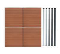 Kit Clôture 4 Panneaux Composite Plastique Marron 9 Lames à Emboîter 185 cm H x 699 cm L & 5 Poteaux en Aluminium à LED Solaires Texture de Bois