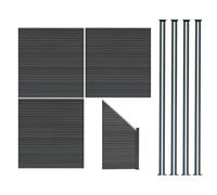 Kit Clôture Panneaux en Bois Composite Gris 3 Quadratique et 1 Incliné 185 H x 619 cm L & 4 Poteaux en Aluminium à LED Solaires Lames à Emboîter