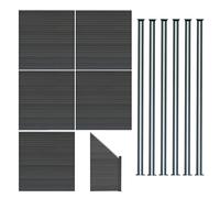 Kit Clôture Panneaux en Bois Composite Gris 5 Quadratique et 1 Incliné 185 H x 965 cm L & 6 Poteaux en Aluminium à LED Solaires Lames à Emboîter Texture Bois Reversible PVC Brise-Vue Extérieur Jardin