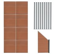 Kit Clôture Panneaux en Bois Composite Brun 8 Quadratique et 1 Incliné 185 H x 14,8 m L & 9 Poteaux en Aluminium à LED Solaires Lames à Emboîter Texture Bois Reversible PVC Brise-Vue Extérieur Jardin