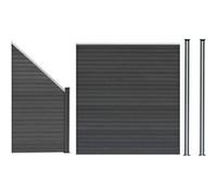 Kit Clôture Panneaux en Bois Composite Gris 1 Quadratique et 1 Incliné 185 H x 273 cm L & 2 Poteaux en Aluminium à LED Solaires Lames à Emboîter Texture Bois Reversible PVC Brise-Vue Extérieur Jardin