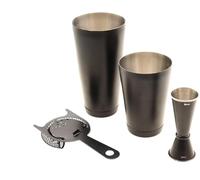 Kit Cocktail Noir Mat 4 Pièces, Set de Bar Comprenant Un Boston Shaker Double Timbale 18/28oz, Une Passoire à Cocktail Hawthorne, Un Doseur à Cocktail 25/50ml Accessoires de Mixologie