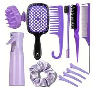 Kit Coiffure Démêlant Professionnel, 12 Pièces, Brosse Creuse, Peigne Large, Masseur Cuir Chevelu, Idéal Cheveux Bouclés, Crépus, Texturés (violet)