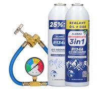 Kit combiné Alaska Refrigerants - 3en1 gaz réfrigérant R134a de remplacement avec huile PAG 100 et produit d’étanchéité + gaz réfrigérant R134a de remplacement + tuyau et manomètre