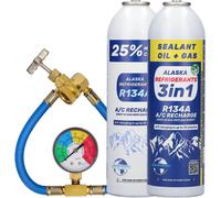 Kit Combiné Alaska Refrigerants - 3en1 Réfrigérant de remplacement R134a avec huile PAG 100 et colmatant de fuites + réfrigérant de remplacement R134a + tuyau et manomètre