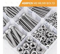 Kit combiné de boulons et d'écrous M5 M6 M8, 408 pièces, Kit de rondelle d'écrou à boulon métrique hexagonal en acier inoxydable 304, entièrement fileté 408pcs