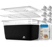 Kit complet de conteneur sous vide - Bain d'eau en polycarbonate robuste de 27 l avec couvercle, manchon thermique, support, poids magnétiques, sacs sous vide, clips et livre de cuisine