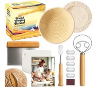 Kit complet de fabrication du pain au levain avec bandeton, doublure, lame, grattoirs et fouet danois de 22,9 cm | Rotin indonésien fait à la main, pain artisanal et coffret cadeau