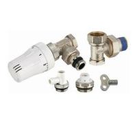 Kit complet de radiateur thermostatique comprenant 1 robinet thermostatique équerre mâle M1/2' (15x21) + coude de réglage mâle M1/2' + 1 robinet de vidange à bec orientable M1/2' + 1 bouchon purgeur à bec orientable M1/2' + 1 clé à carré de 5 - 803569