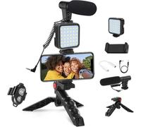 Kit complet de vlogging pour iPhone et Android : kit de démarrage YouTube avec microphone, lumière LED, trépied, télécommande - Perfect Studio Creator Video Maker pour YouTube, Instagram, Facebook