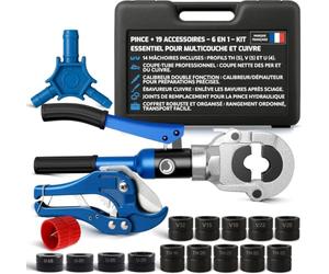 Kit complet Pince à Sertir Multicouche & cuivre 6-en-1 - 14 Mâchoires TH/V/U + Coupe-Tube, Calibreur & Ébavureur - Sertisseuse Plomberie PER/Cuivre avec Coffret Robuste