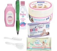 Kit complet pour bébé | Ensemble de 8 pièces pour le bain et les soins de la peau pour nouveau-né avec huile pour bébé, lingettes pour bébé Cotton Tree et plus encore, comprend un stylo Omoge Young