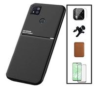 Kit Coque Magnétique Lux + Portefeuille Magnétique Marron + Film de Verre Trempé 5D à Couverture Complète + Film Caméra Arrière + Support Magnétique de Voiture Renforcé pour Xiaomi Redmi 9 Activ
