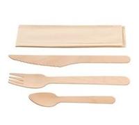 Kit couverts 4 en 1 en bois : couteau + fourchette + petite cuillère + serviette kraft 500 unités Betik Bois