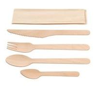 Kit couverts 5 en 1 en bois : couteau + fourchette + cuillère + petite cuillère + serviette kraft 500 unités Betik 1