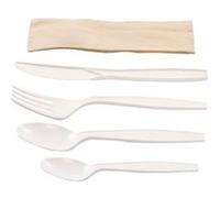 Kit couverts blanc 5 en 1 en maïs : couteau + fourchette + cuillère + petite cuillère + serviette kraft 500 unités Betik 1