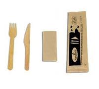 Kit Couverts Bois 3 en 1 Jetables | Lot de 100 Kits Individuels | Fourchette, Couteau Serviette | Bois Bouleau | Aucun Goût Ni Odeur | 100% Ecoresponsable