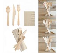 Kit Couverts Bois 4 en 1 avec Serviette 33x33 - Pack de 120-40 Fourchettes, 40 Couteaux, 40 Cuillères 40 Serviettes - Idéal Pique-nique, Mariage, Fête, Événement