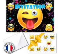 Kit créatif 10 cartes d'invitation en français pour anniversaire thème smileys pour 10 invités (10 cartons d invitation + 10 enveloppes + 1 planche de 10 stickers). Idéal enfants de 4 à 10 ans (Noir)