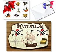 kit créatif 10 cartes invitation anniversaire garçon en français sur le thème pirate pour 10 invités (10 cartons d invitation + 10 enveloppes + 1 planche de 10 stickers). Idéal enfants de 4 à 10 ans