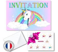Kit créatif 20 cartes invitation anniversaire fille en français sur le thème licorne pour 20 invités (20 cartons d invitation + 20 enveloppes + 20 stickers). Enfants de 4 à 10 ans
