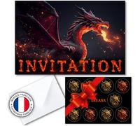 Kit créatif carte invitation anniversaire en français thème des DRAGONS pour 10 invités (10 cartons d invitation + 10 enveloppes + 1 planche de 10 stickers). Idéal garçons et filles à partir de 6 ans