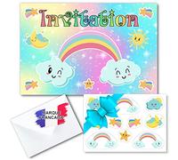 Kit créatif carte invitation anniversaire fille en français sur le thème ARC EN CIEL pour 20 invités (20 cartons d invitation + 20 enveloppes + 2 planches de 10 stickers). Idéal enfants de 4 à 10 ans
