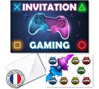 Kit créatif de 20 cartes d'invitation en français pour anniversaire sur thème gamer pour 20 invités (20 cartons d invitation + 20 enveloppes + 2 planches de 10 stickers). Idéal enfants de 4 à 15 ans