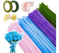Kit Créatif Fleurs en Fil Chenille - 400 Tiges Chenille Loisir Créatif (4 Couleurs), Cure Pipe Fil Métallique pour Arrangements Floraux Ruban Décoratif - Idéal pour Art Floral (Bleu)