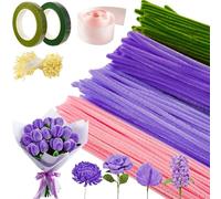 Kit Créatif Fleurs en Fil Chenille - 400 Tiges Chenille Loisir Créatif (4 Couleurs), Cure Pipe Fil Métallique pour Arrangements Floraux Ruban Décoratif - Idéal pour Art Floral (Violet)