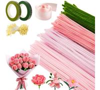 Kit Créatif Fleurs en Fil Chenille - 400 Tiges Chenille Loisir Créatif (4 Couleurs), Cure Pipe Fil Métallique pour Arrangements Floraux Ruban Décoratif - Idéal pour Art Floral (Rose)