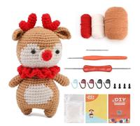 Kit Crochet Débutant Amigurumi - Cerf de Noël DIY avec Tutoriel Vidéo - Coffret Complet Tricot Créatif Enfant Adulte - Marron/Rouge