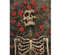 Kit Crochet Debutant Squelette Et Fleur De Rose Rougekits De Tapisserie En Toile Imprimée Ensemble De Broderie Kit De Fil De Crochet Diy Pour Débutants Tapis À Crochet De Loquet Imprimés P 23x35in