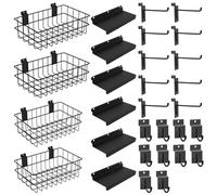 Kit d'accessoires de 30 pièces, avec 4 paniers à lamelle, 6 étagères à lamelle, 10 crochets pour mur à lattes de 15,2 cm, 10 crochets pour mur à latte, étagères robustes pour garage, rangement de