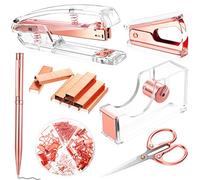 Kit d'accessoires de bureau or rose avec agrafeuse en acrylique | Dérouleur d'agrafes, dévidoir de ruban, pinces à papier, trombones, stylo à bille et ciseaux avec 1000 agrafes 26/6