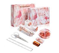 Kit d'accessoires de bureau or rose - Ensemble d'accessoires de bureau, règle, ciseaux, agrafeuse, distributeur de ruban adhésif, ôte-agrafes, pinces (or rose)