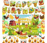 Kit d'accessoires de fête d'anniversaire au motif de poulet avec bannière, fond, spirales, décorations de cupcake, ballons pour la ferme, décoration de fête prénatale
