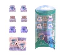 Kit d'accessoires pour cheveux Stitch Disney fille 10 pièces avec pinces et élastiques avec charme cœur Kit de coiffures Kawaii Rose Lilas Violet en étui PVC transparent Idée cadeau 15 x 8 x 4 cm