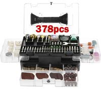kit d'accessoires pour outils rotatifs de 378 pièces. Comprend la cire à polir, le foret, le disque de coupe en résine, le feutre de laine, la pointe de polissage en feutre, la tige de raccordement du