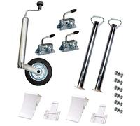 Kit d'accessoires pour remorque de voiture : roue jockey, supports, support de serrage, cales avec support et matériel de fixation.