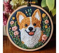 Kit d'aiguilles à poinçonner jaune bébé chien Corgi en fleur sauvage facile pour les débutants DIY Punch Needle Yarn Starter Kit de broderie pour les amateurs d'artisanat avec motif imprimé et cerceau