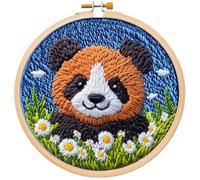 Kit d'aiguilles de poinçonnage pour débutants, kit de couture pour adultes, kit de broderie pour adultes, marron rouge panda et marguerite, kit de broderie pour loisirs créatifs et décorations