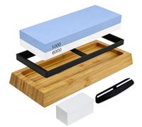 Kit d'Aiguisage de Couteaux Professionnel 5 en 1 avec Pierres à Grain 1000/6000, Incluant Support en Bambou Antidérapant, Pierre de Dressage, Guide d'Angle et Base en Silicone Stabilisatrice