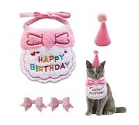 Kit d'Anniversaire pour Animaux de Compagnie - 1 Bavoir, 1 Bonnet, 2 Épingles à Cheveux avec Nœud, Écharpe, Costume de Chat (Rose)