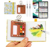 Kit d'aquarelle de poche - Mini kit de voyage avec clips de reliure - Mini boîte aquarelle - Kit de voyage pour artiste de poche en bois - Set palette carnet de croquis 8 grilles pour peintres
