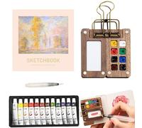Kit d'aquarelle de poche, mini kit de voyage avec palette en bois de noyer, 12 couleurs aquarelles, carnet de croquis et pinceau à eau, idéal pour les déplacements et les voyages