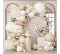 Kit d'arche de ballons blanc sable, blanc clair, ivoire, beige, nude et or chromé avec guirlande de ballons confettis pour anniversaire, mariage, fiançailles, fête prénuptiale, décorations de fête