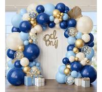 Kit d'arche de ballons bleu marine, doré, bleu pastel foncé, sable, blanc, beige, chromé, doré avec guirlande de ballons confettis pour anniversaire, remise de diplôme, mariage, fête prénuptiale