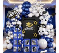 Kit d'arche de ballons bleus et argentés avec boîtes à ballons, confettis dorés et explosion pour remise de diplôme, trophées, couronne, ballon en aluminium